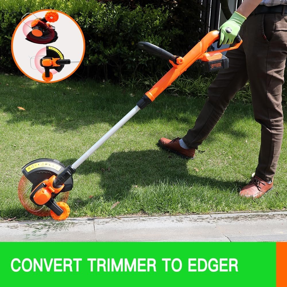 20V String Trimmer Cordless Electric Weed Wacker Battery Powered Lawn Edger Telescoping Grass Trimmer Cutter with 4.0Ah Battery  Quick Charger 25CM Cutting Width Rotating Cutting Head, Edge Wheel