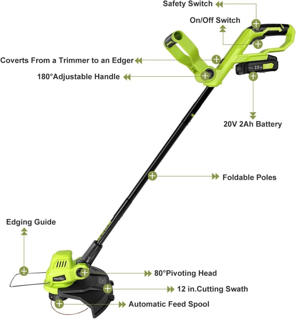 Cordless String Trimmer - SnapFresh 20V Line String Trimmer, Electric Lawn Trimmer w/ 2.0Ah Battery  Fast Charger for Adjustable Angle Cutting, Lightweight Lawn Edger for Garden Yard
