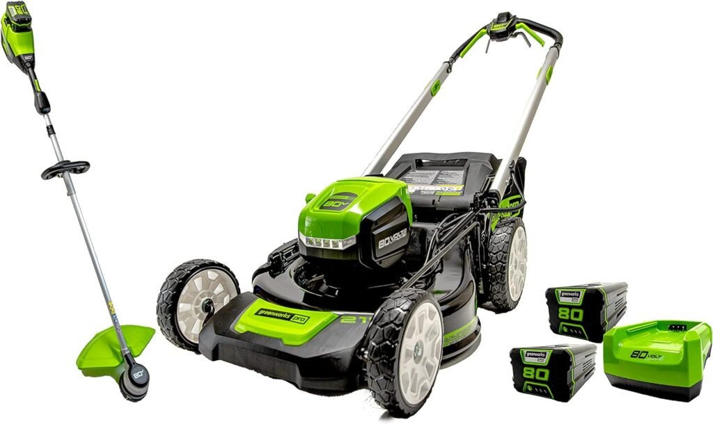 Greenworks PRO 80V 21-Inch Self-Propelled Mower + 16-Inch String Trimmer, 4.0 AH + 2.0 AH Battery and Charger Included 1314302HD Mower/String Trimmer